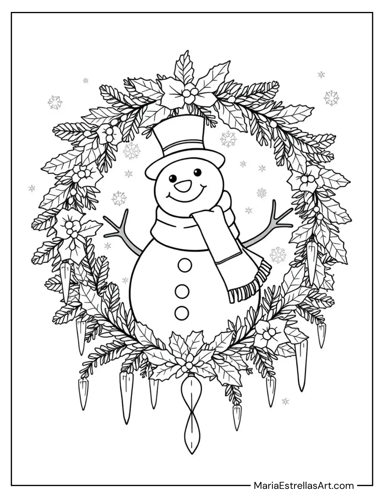 Christmas Wreath Featuring a Snowman and Icicles to Color for Kids