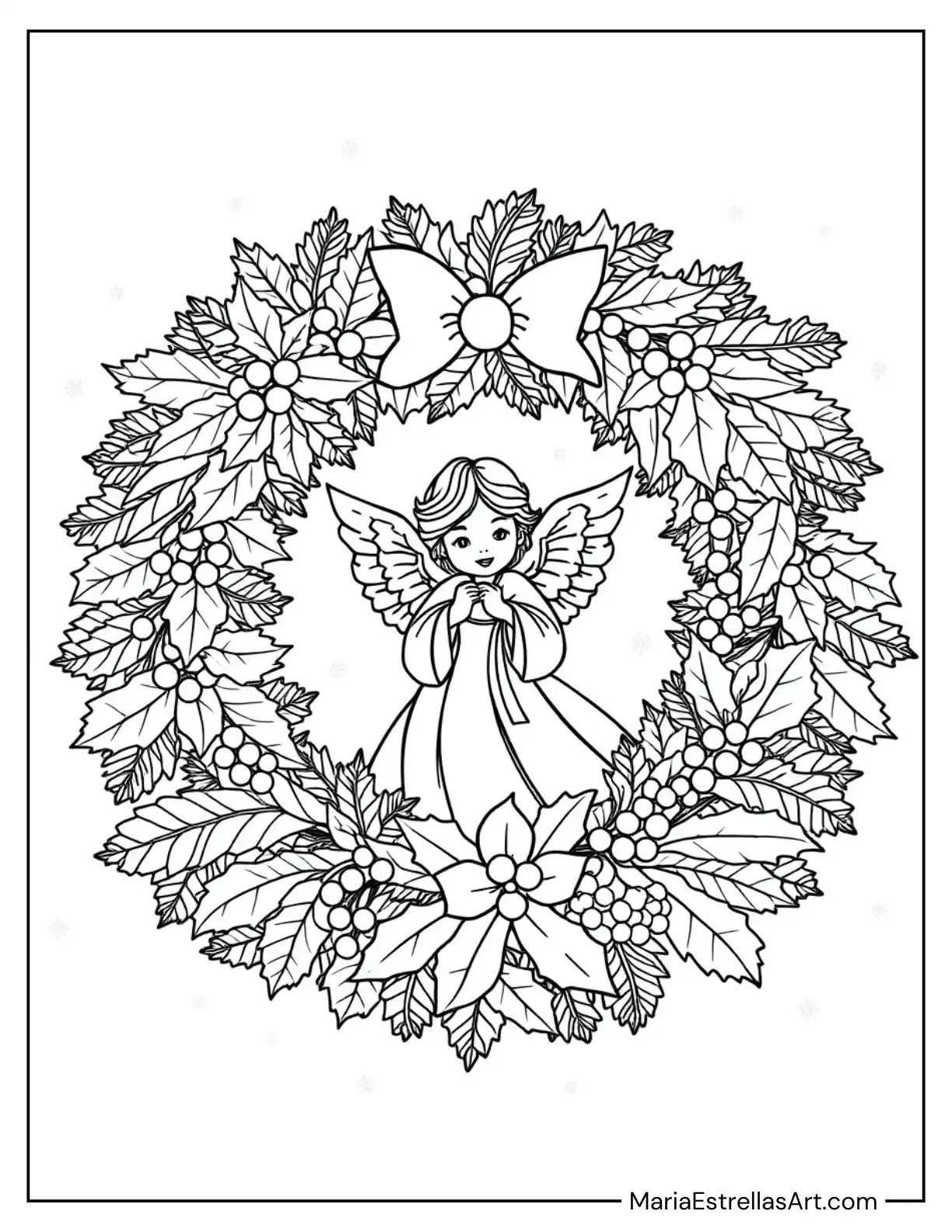 Christmas Wreath With Angel to Color for Kids