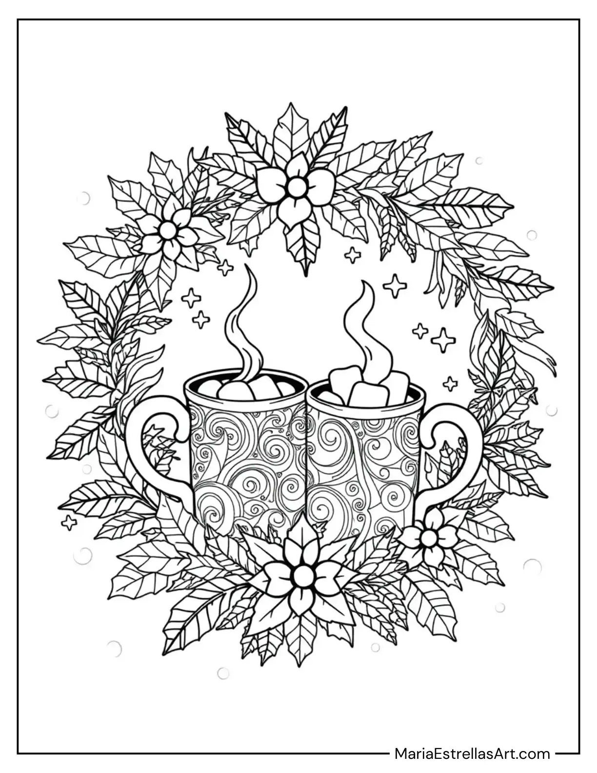 Christmas Wreath With Hot Cocoa Mugs and Marshmallows Coloring Page