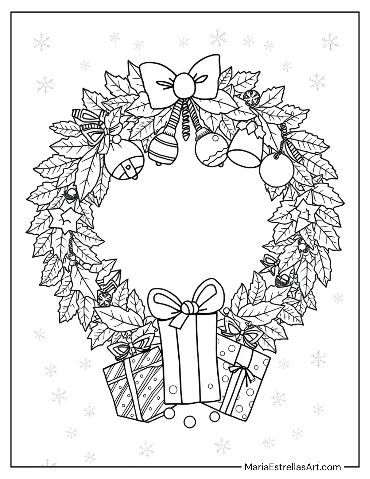 Christmas Wreath With Ornaments and Hanging Gifts Coloring Sheet