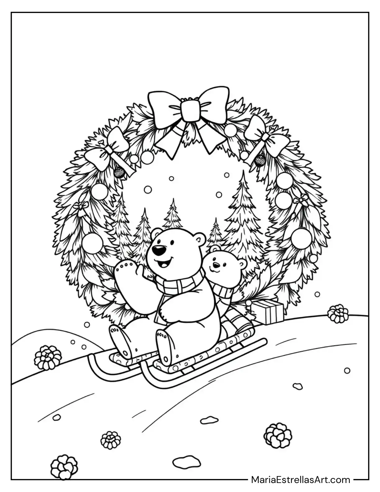 Christmas Wreath With Polar Bears Sledding in the Snow Coloring Page