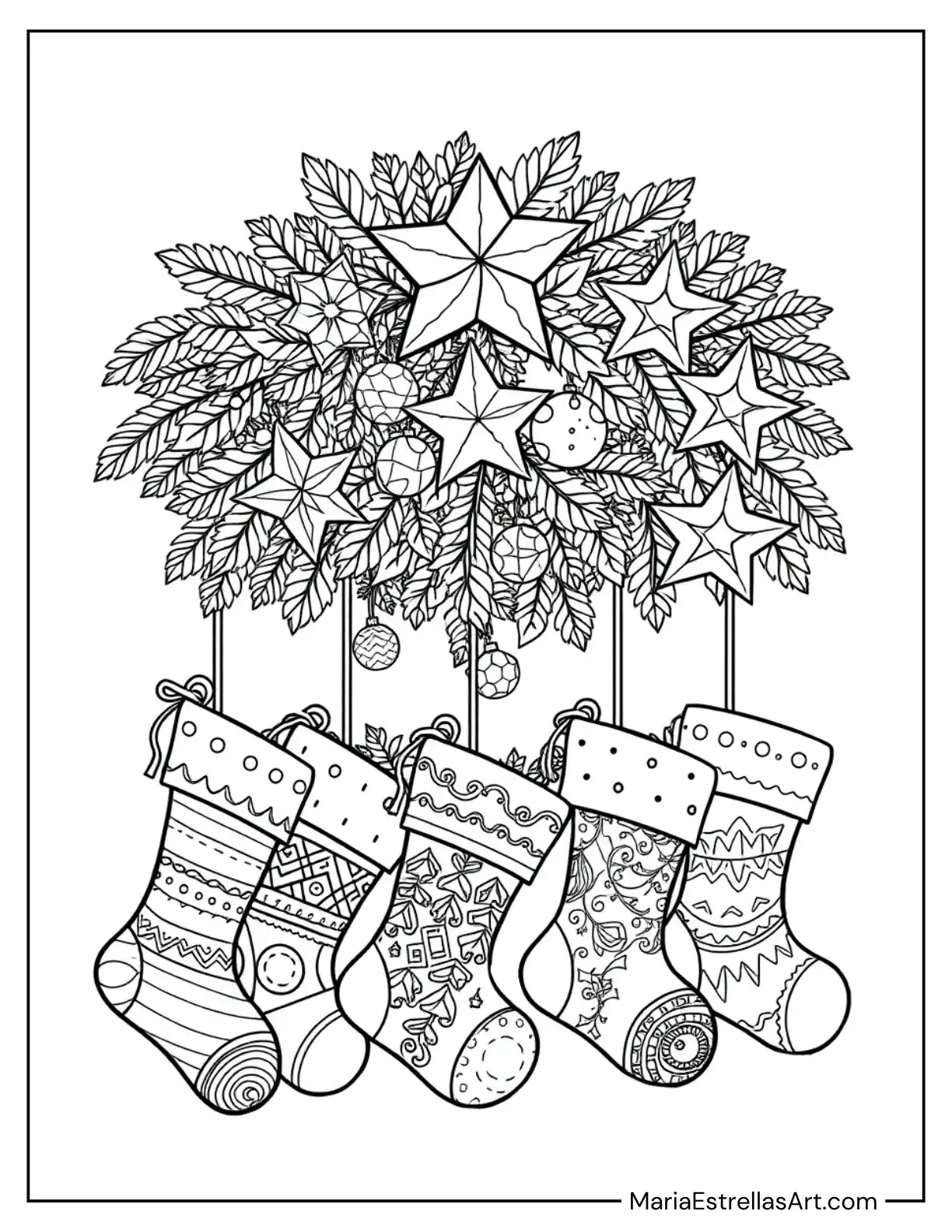 Christmas Wreath With Stockings and Stars Hanging Down Coloring Page