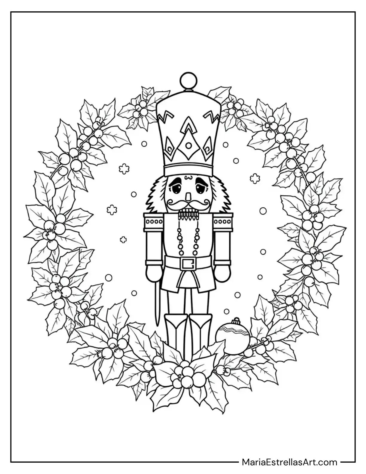 Christmas Wreath With a Nutcracker Coloring Sheet