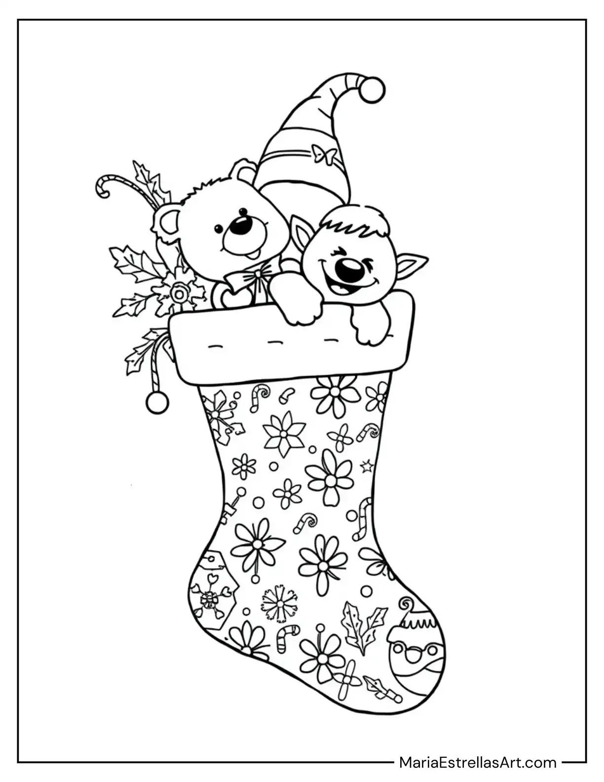 Classic Christmas Stocking With Toys Inside to Color for Kids