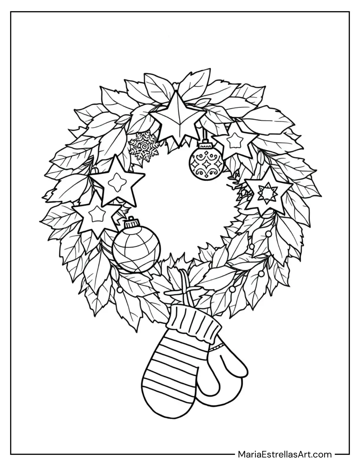 Cozy Holiday Wreath With Mittens to Color for Kids