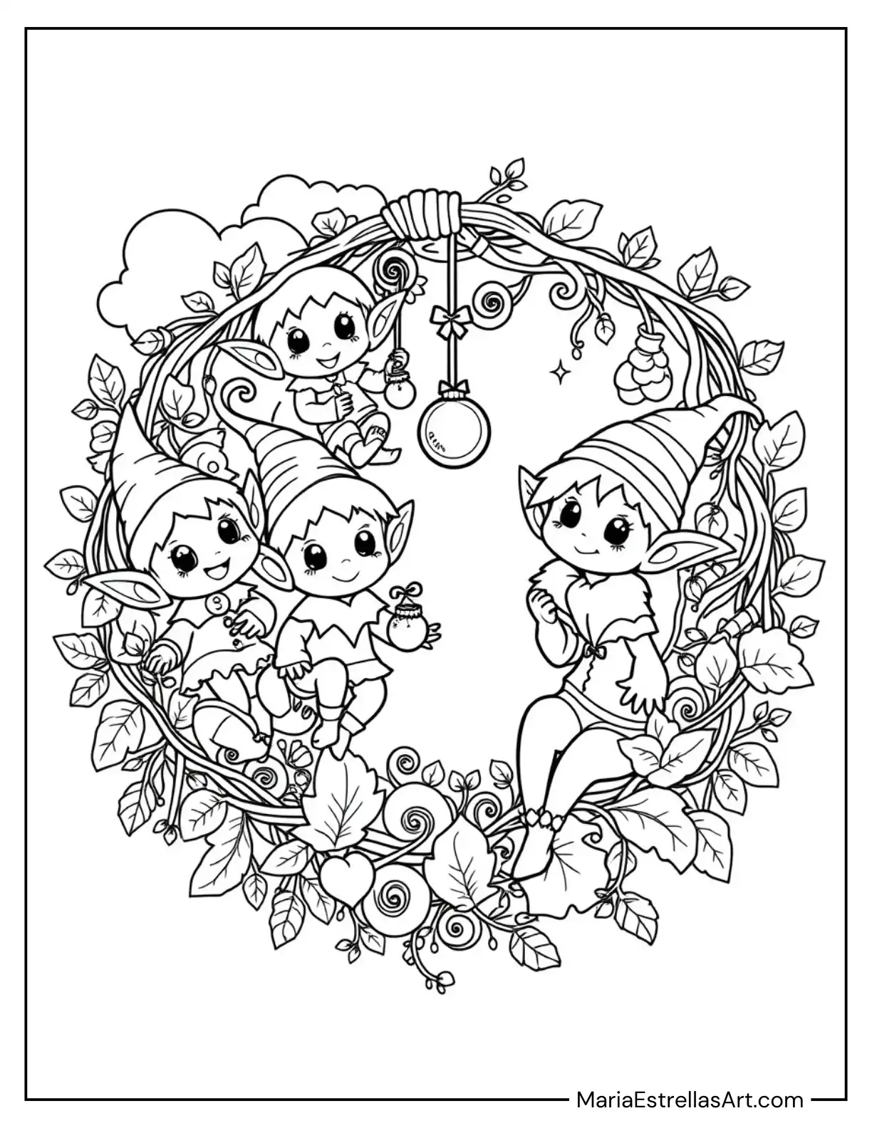 Cozy Wreath With Chibi Elves to Color for Kids