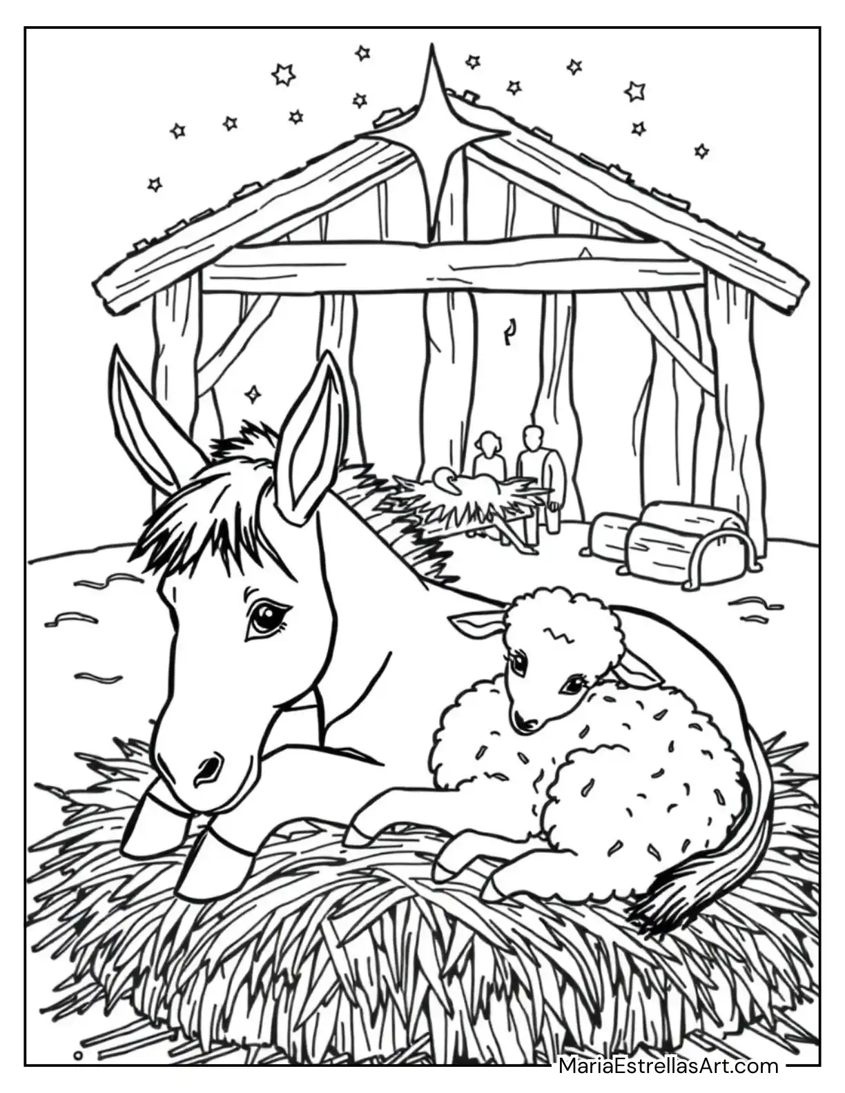 Donkey and Lamb Resting Beside the Nativity Scene Coloring Sheet