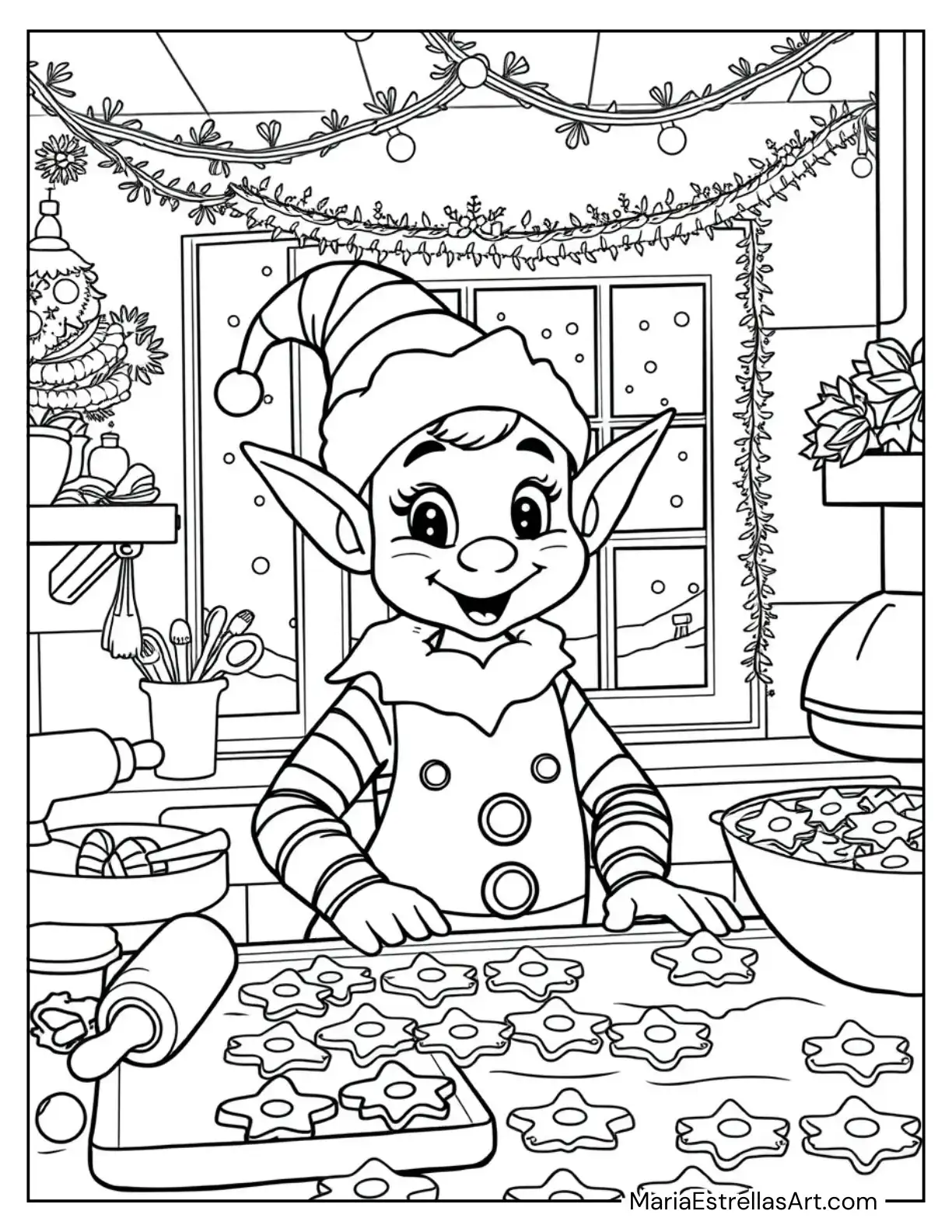 Elf Baking Cookies for Santa Claus Coloring Page