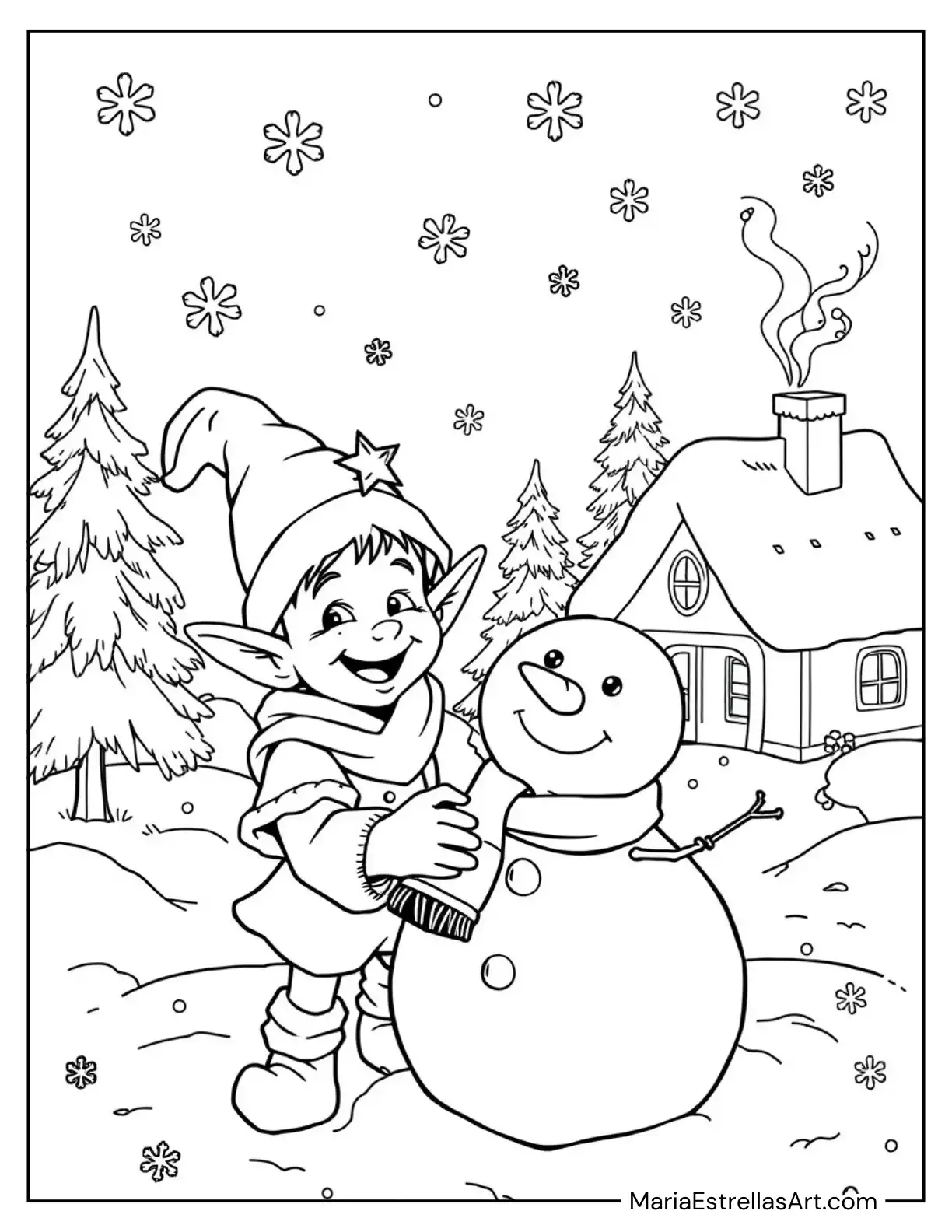 Elf Building a Snowman with Holiday Cheer Coloring Sheet