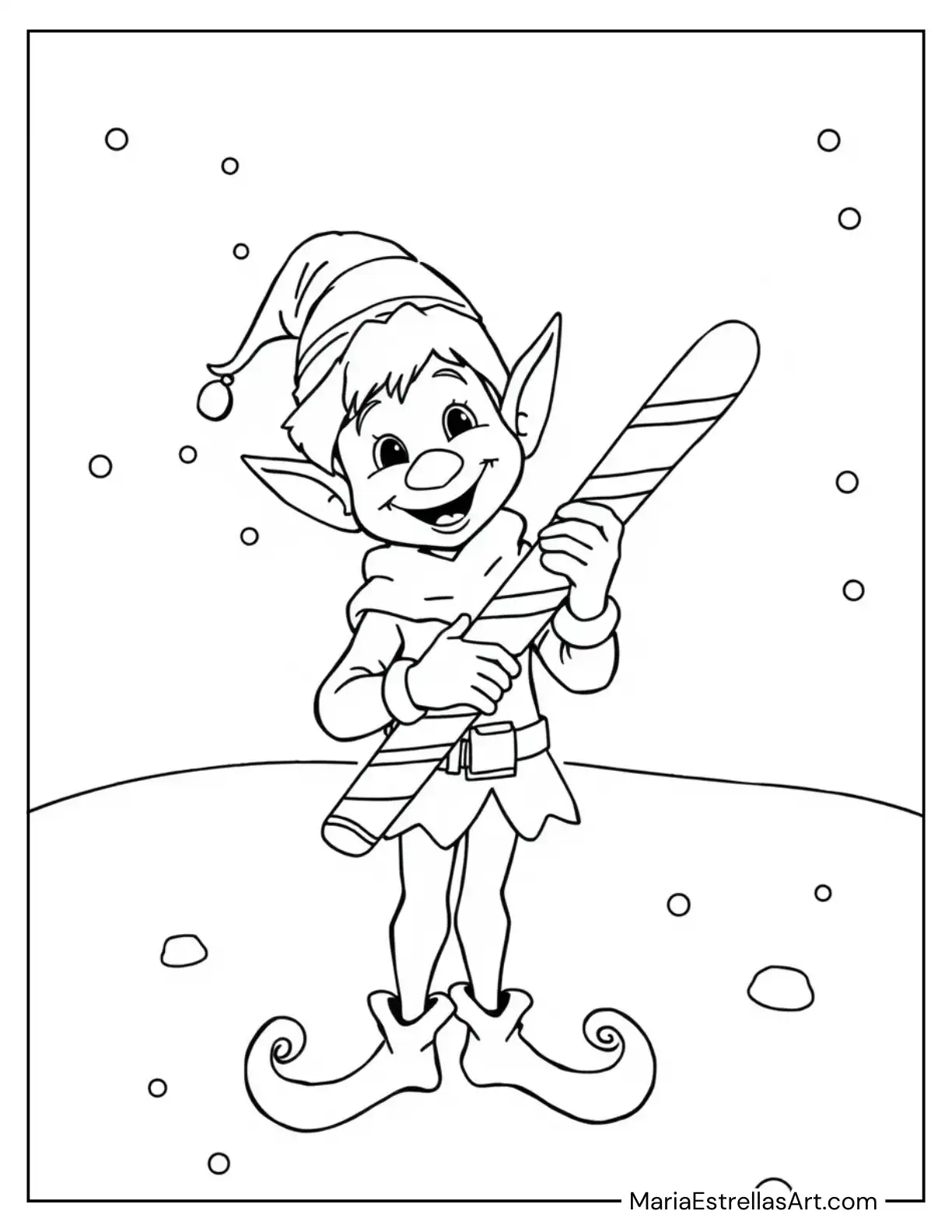 Elf Carrying a Giant Candy Stick Coloring Sheet