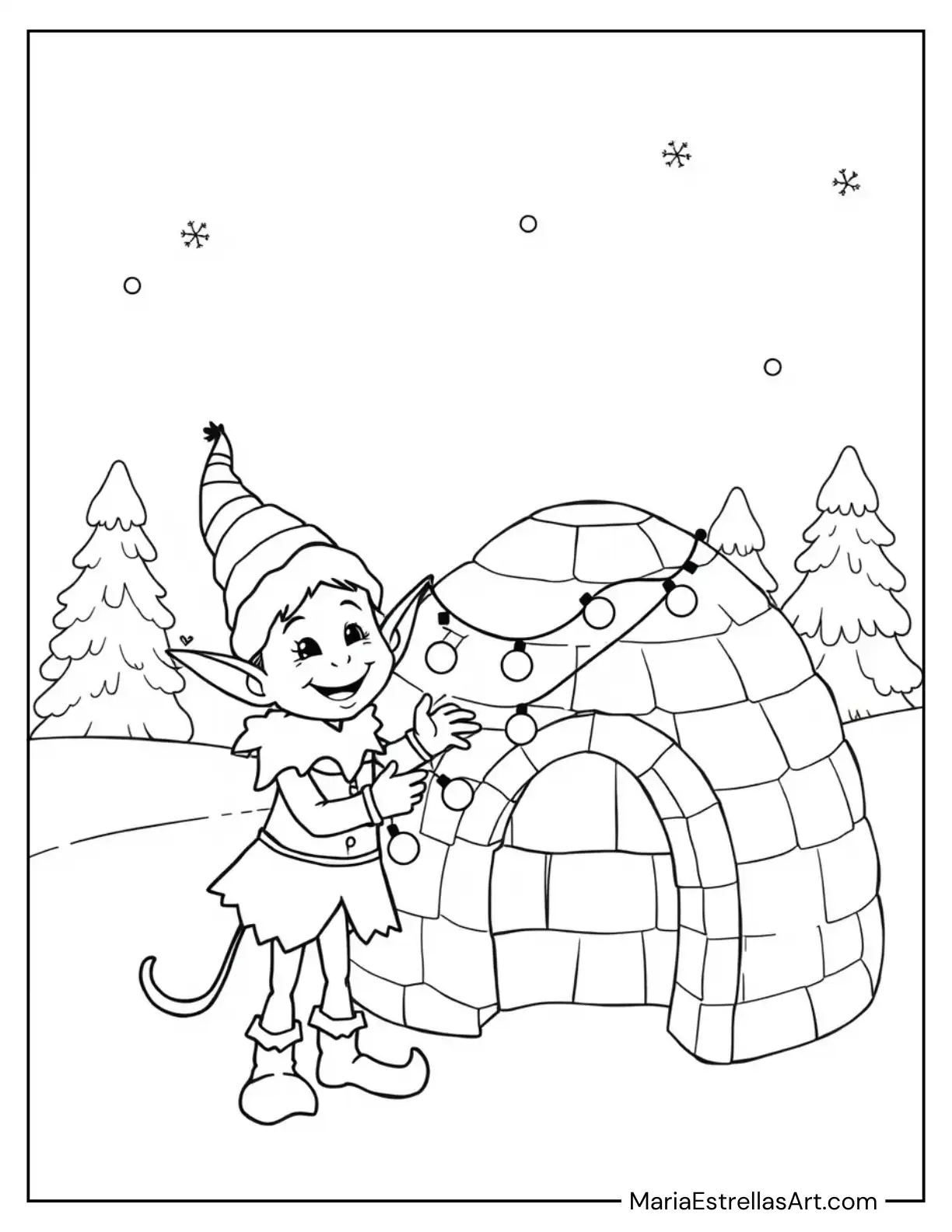 Elf Decorating a Snowy Igloo with Twinkling Lights Coloring Sheet