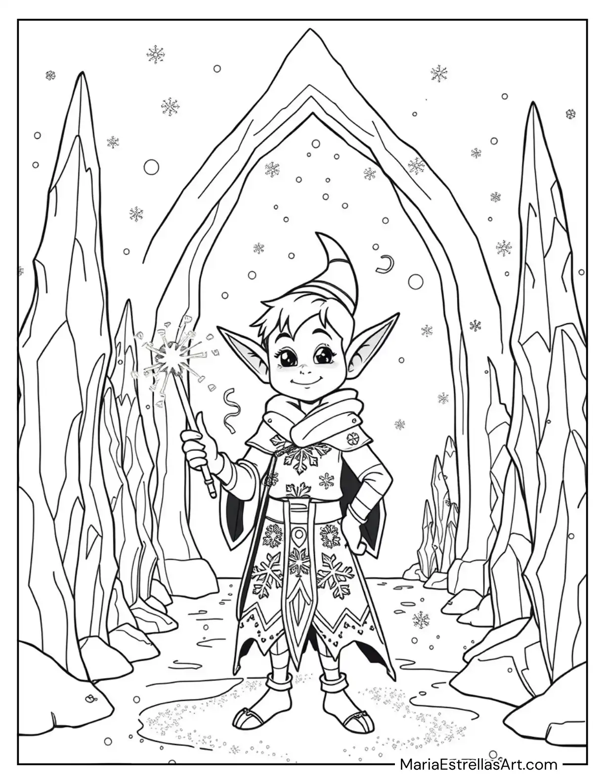 Elf Holding a Magic Wand in a Glittering Ice Palace Coloring Page