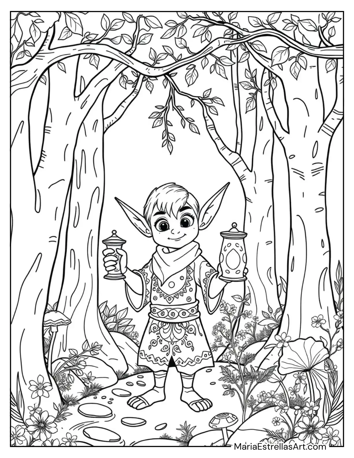 Elf Holding a Magical Lantern to Color for Kids