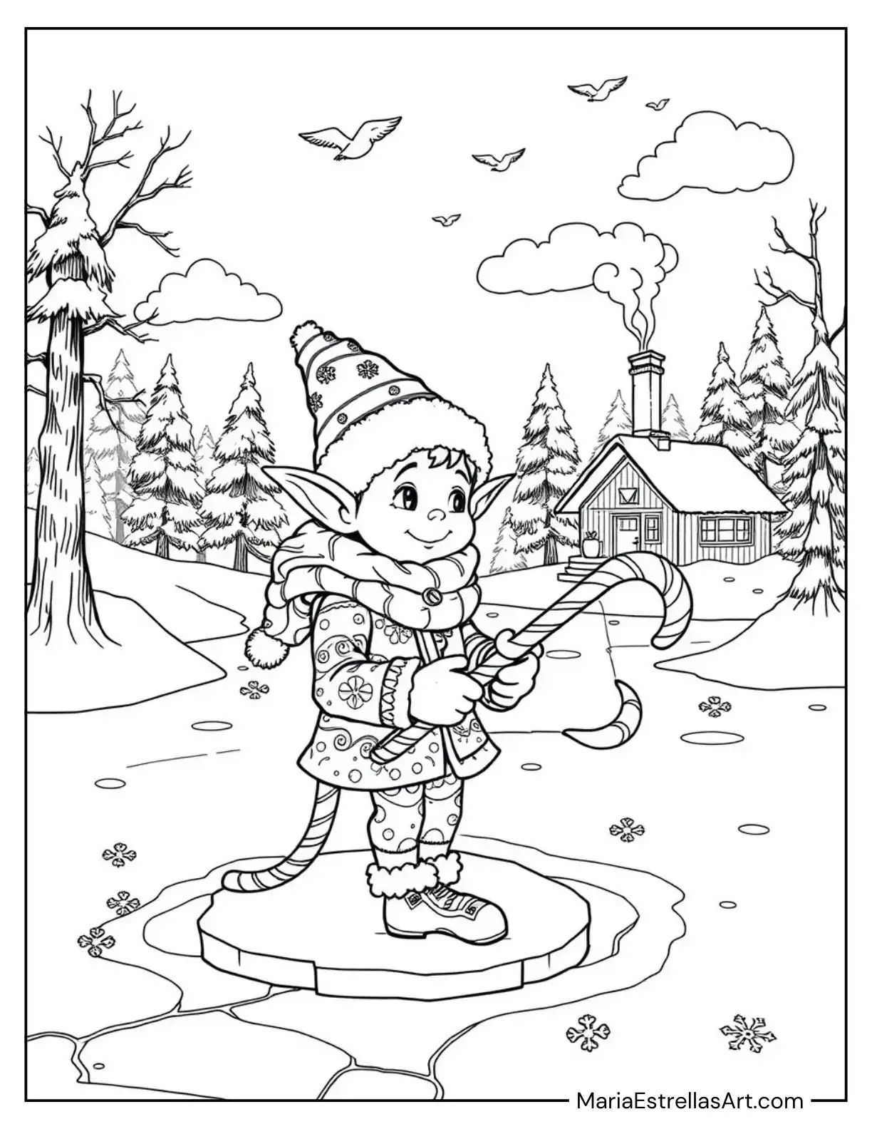 Elf Ice Fishing with a Peppermint Pole Coloring Page