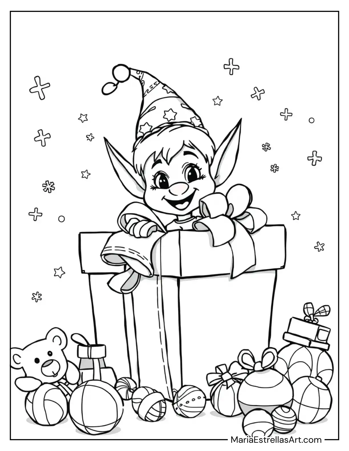 Elf Peeking Out of a Giant Gift Box to Color for Kids