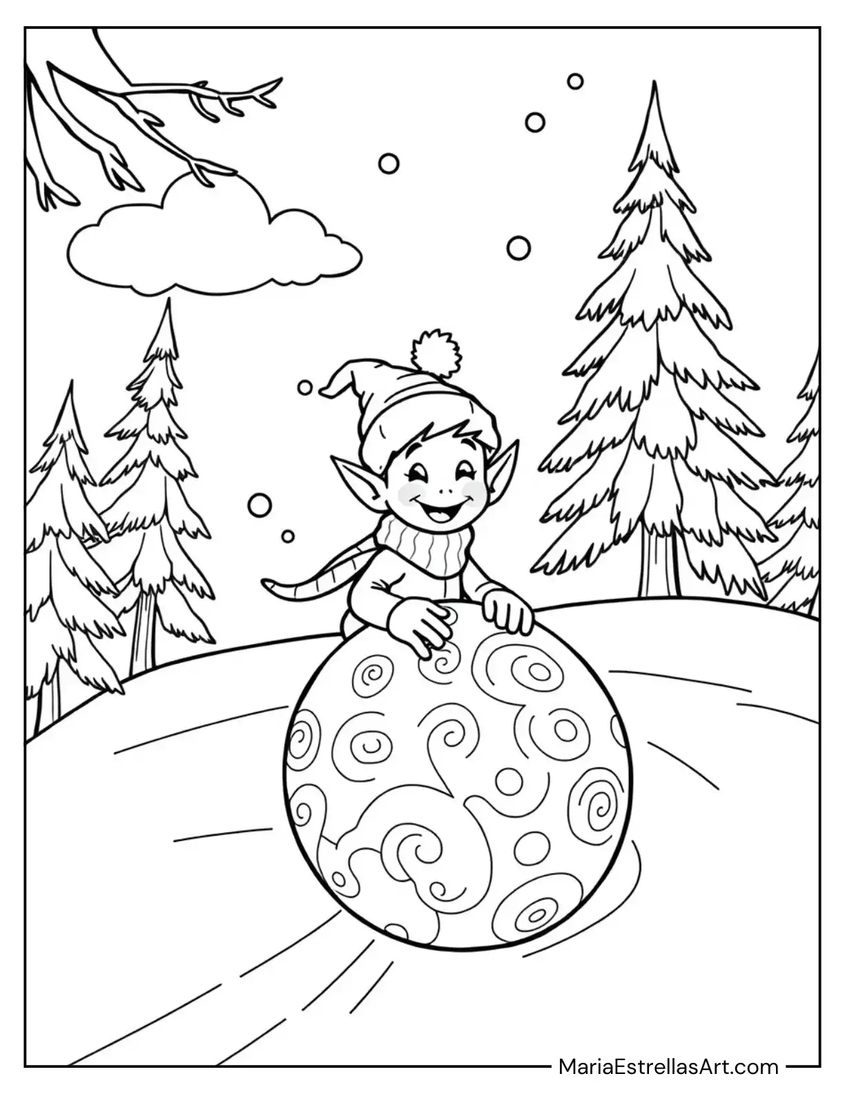 Elf Playing a Snowball Down a Steep Winter Hill Coloring Page