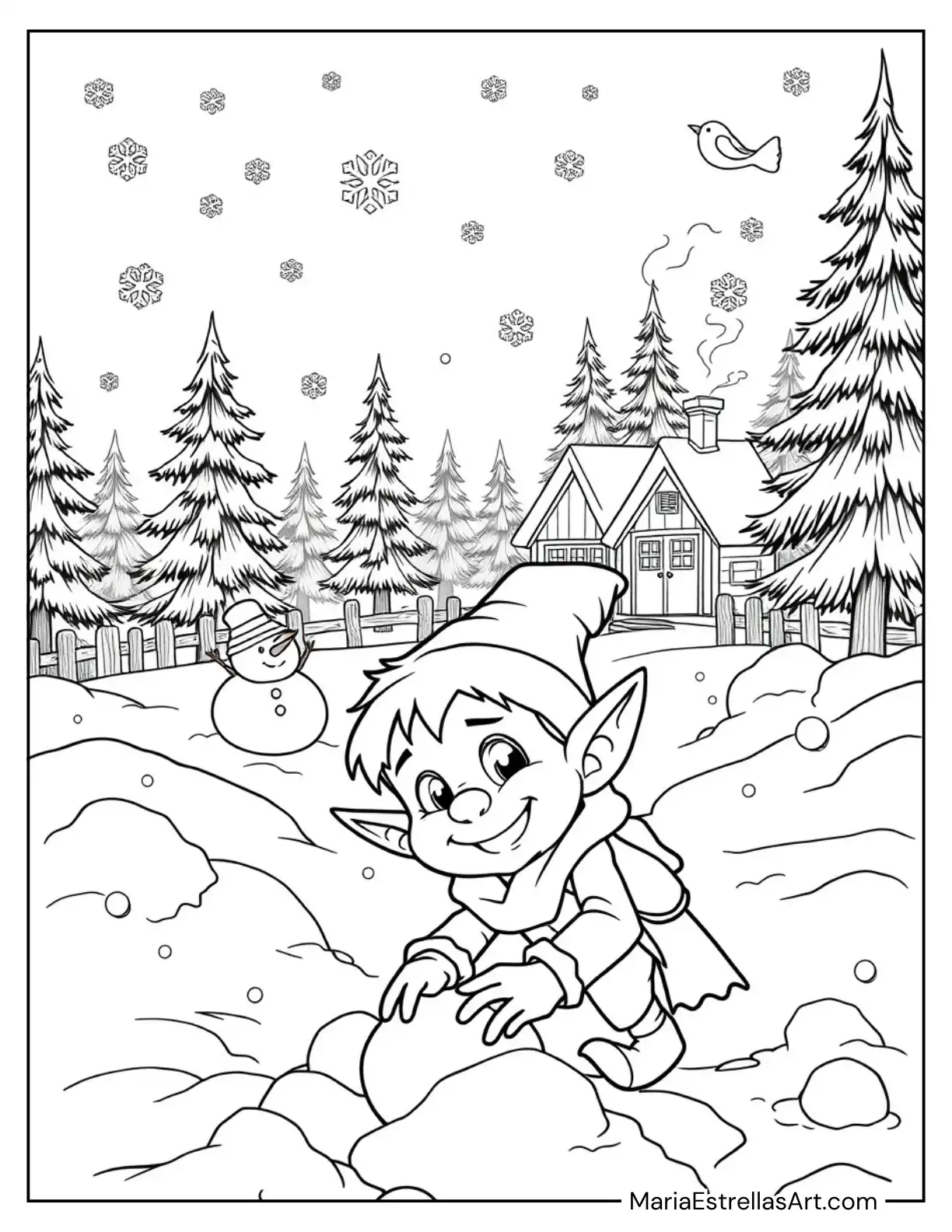 Elf Playing with Snowballs in a Winter Wonderland Coloring Page