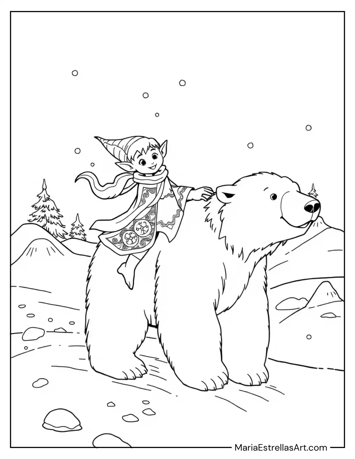 Elf Riding a Polar Bear Through the North Pole Coloring Sheet