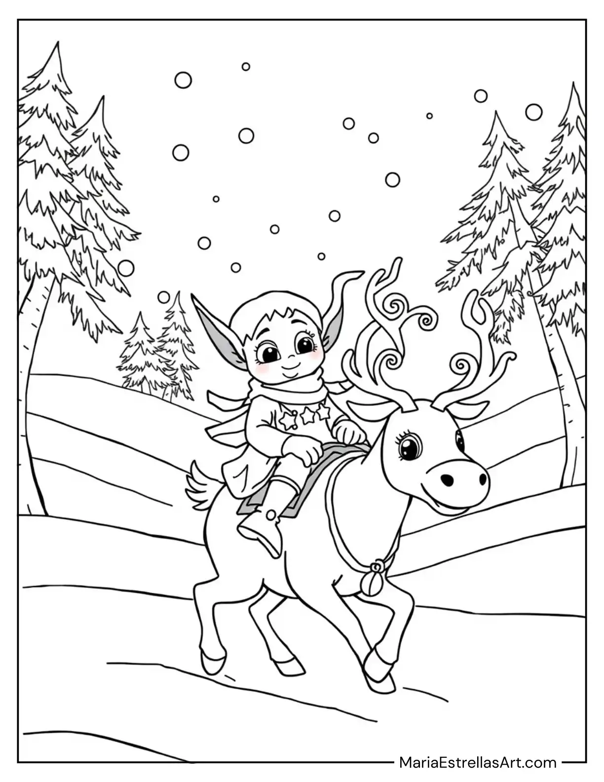 Elf Riding a Reindeer Through the Snow Coloring Sheet