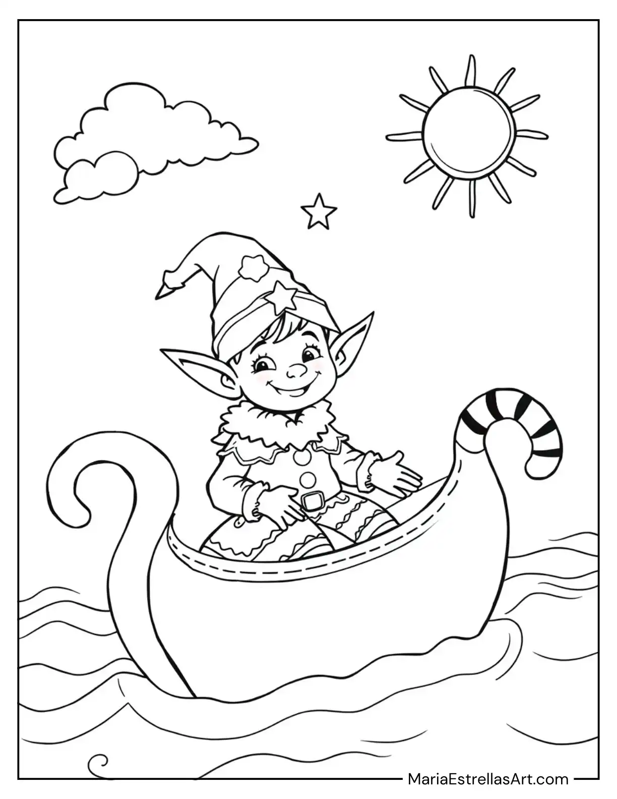 Elf Sailing a Gingerbread Boat to Color for Kids