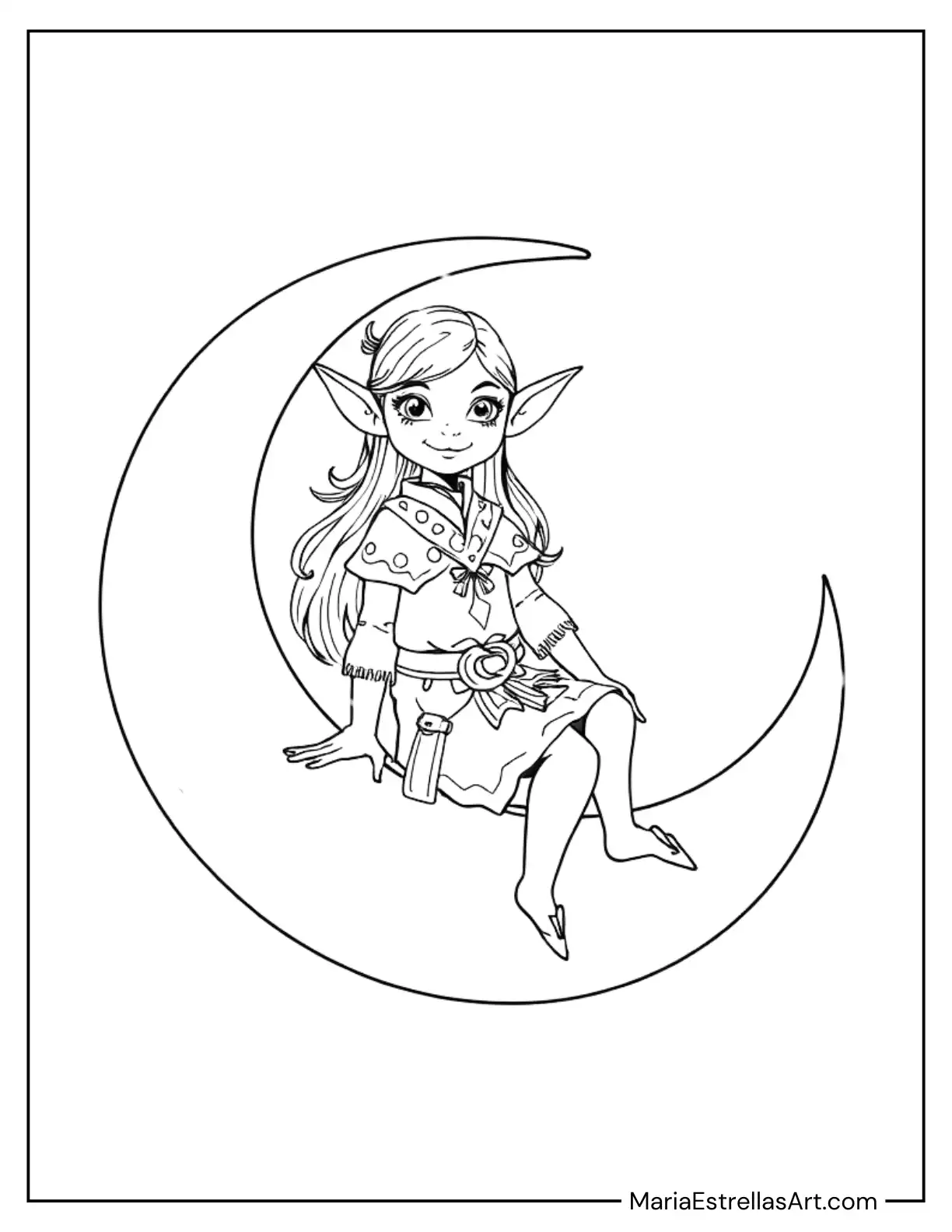 Elf Sitting on a Crescent Moon Coloring Sheet