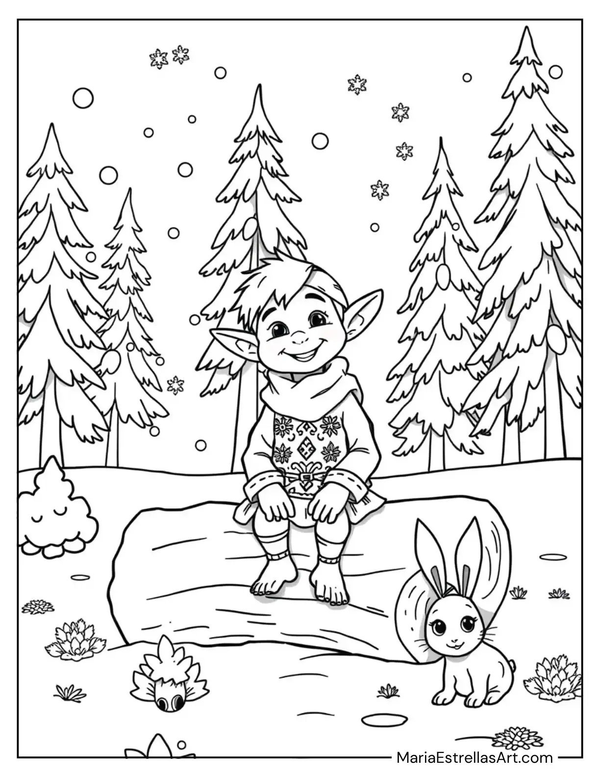 Elf Sitting on a Snow-Covered Log to Color for Kids