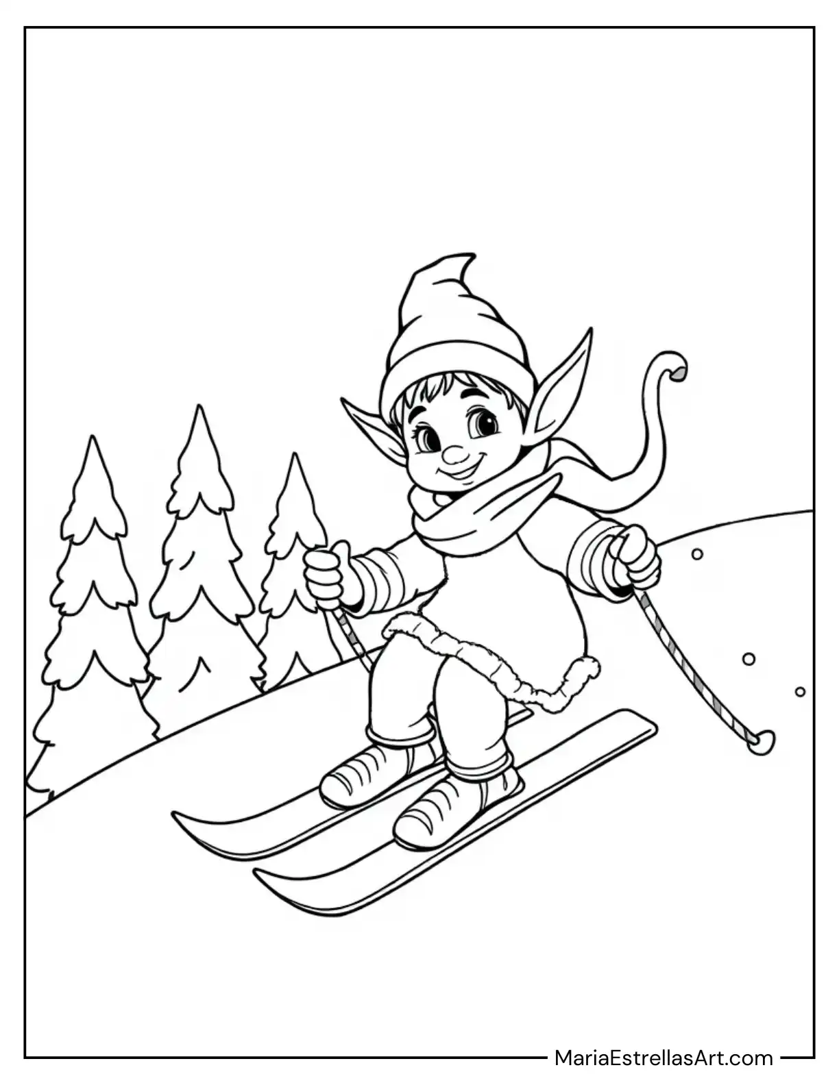 Elf Skiing Down a Snowy Hill to Color for Kids