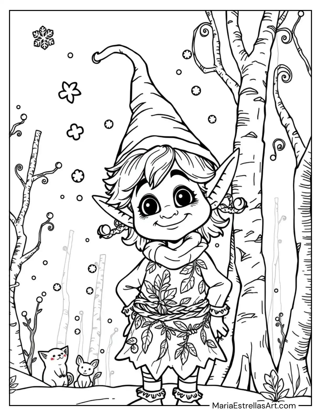 Elf Standing in the Middle of the Forest Coloring Page