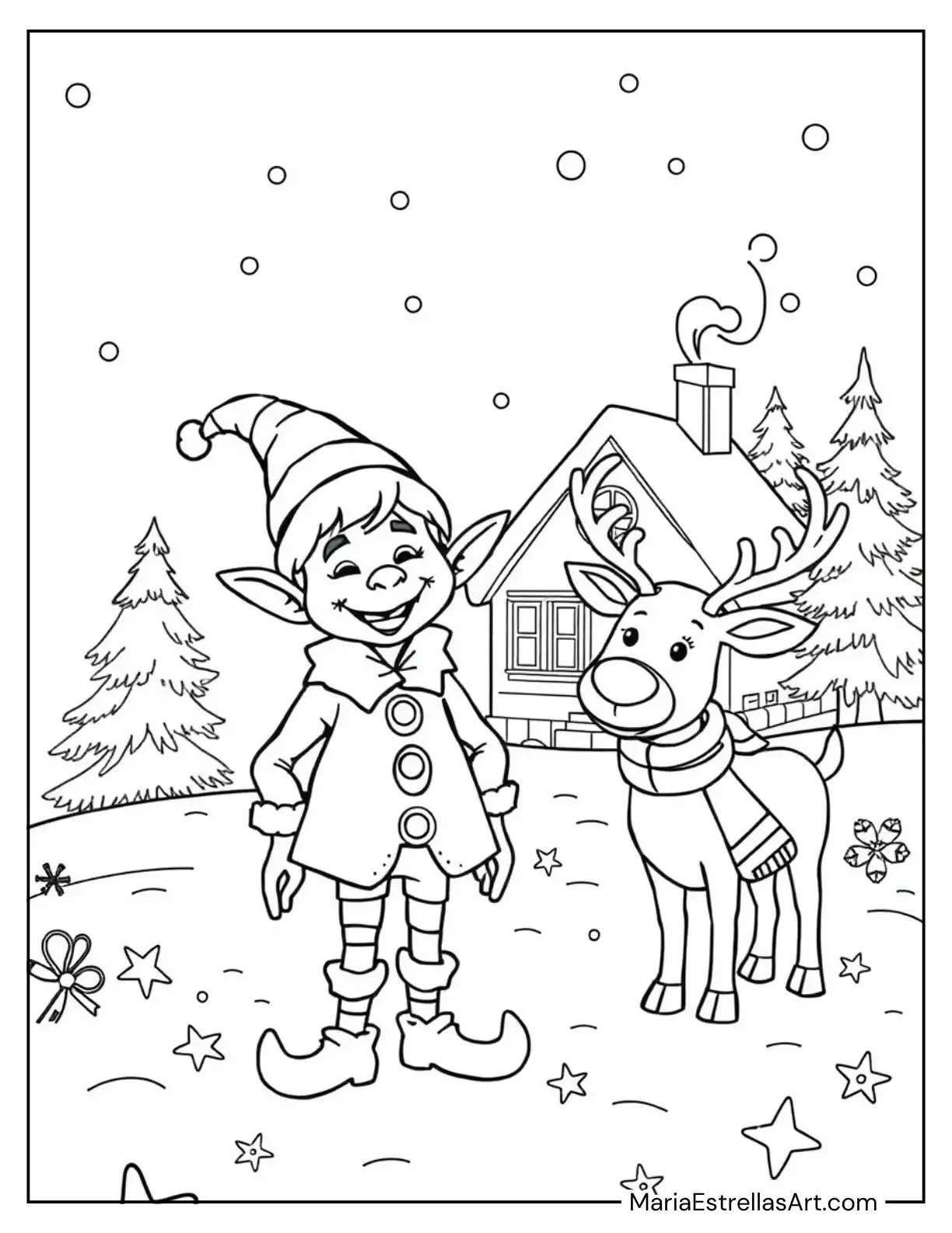 Elf and Reindeer Sharing Holiday Fun Coloring Page