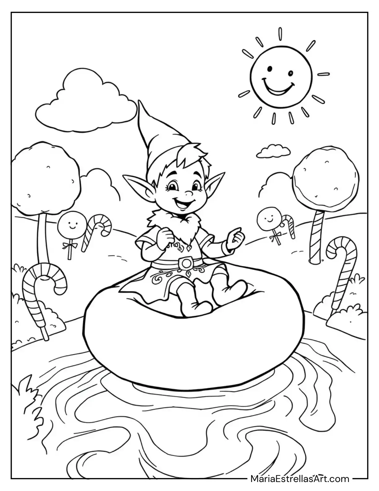 Elf on a Marshmallow Raft Floating Down a Chocolate River Coloring Page