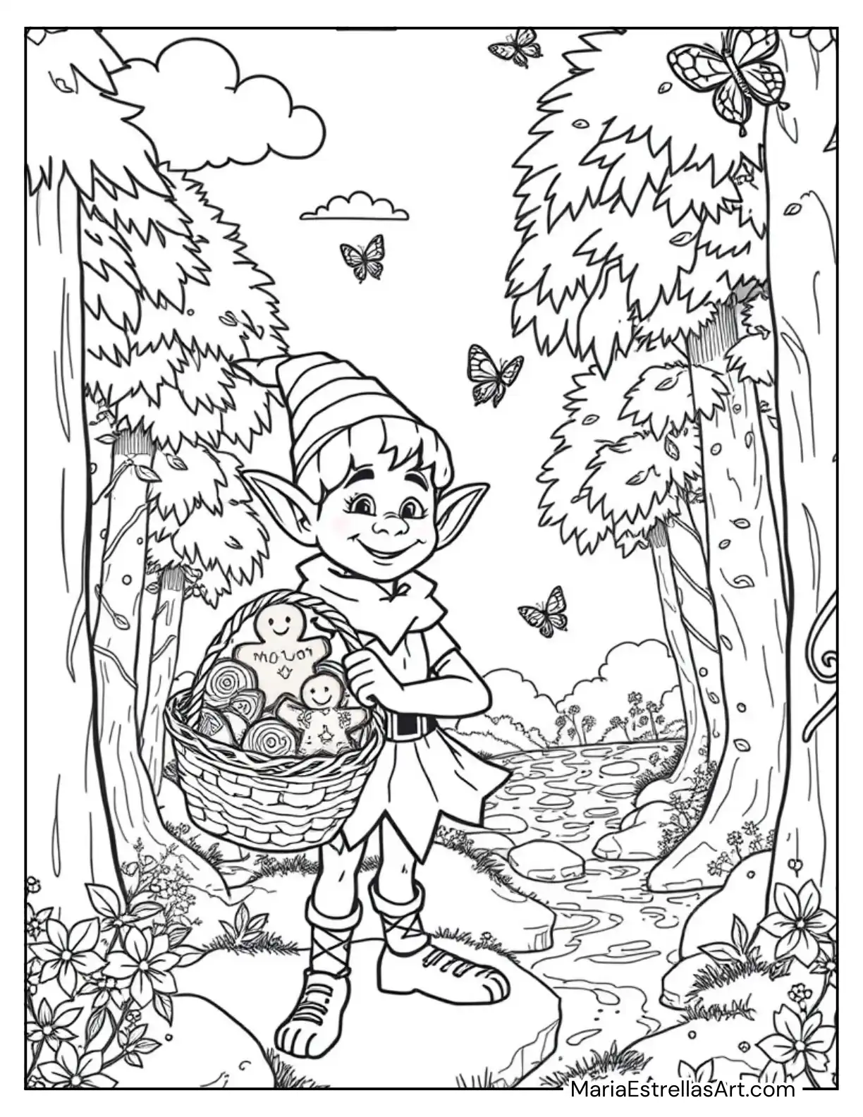 Elf with a Basket of Gingerbread Cookies Coloring Sheet