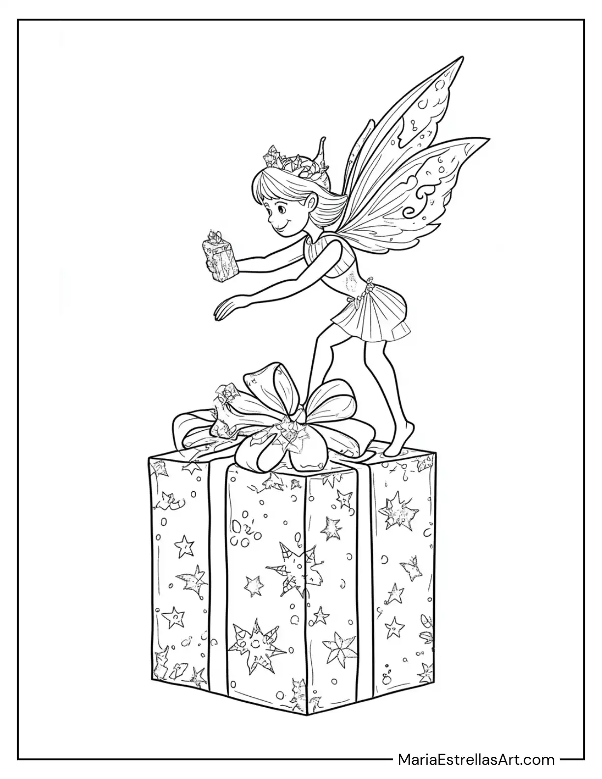 Fairy Decorating a Giant Present Coloring Page