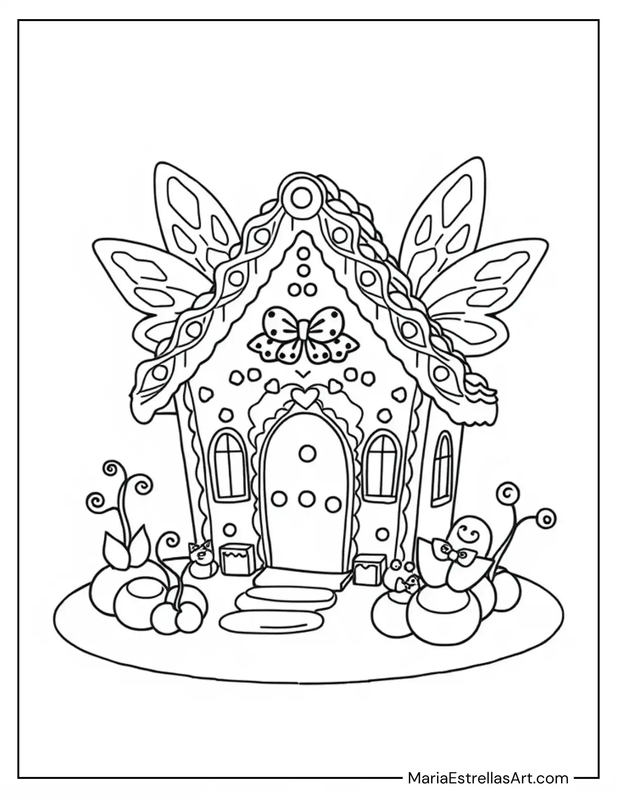 Fairy-Themed Gingerbread House With Sugar Wings Coloring Sheet