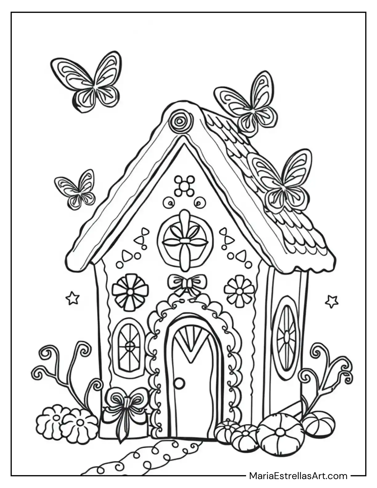 Fairytale Gingerbread House With Candy Butterflies Coloring Sheet