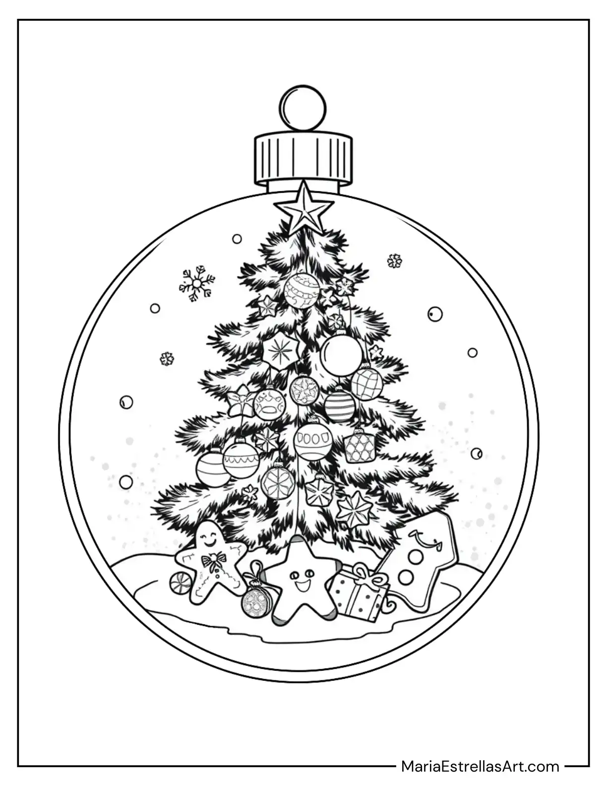 Festive Christmas Tree Inside a Bauble with Gingerbread Coloring Sheet