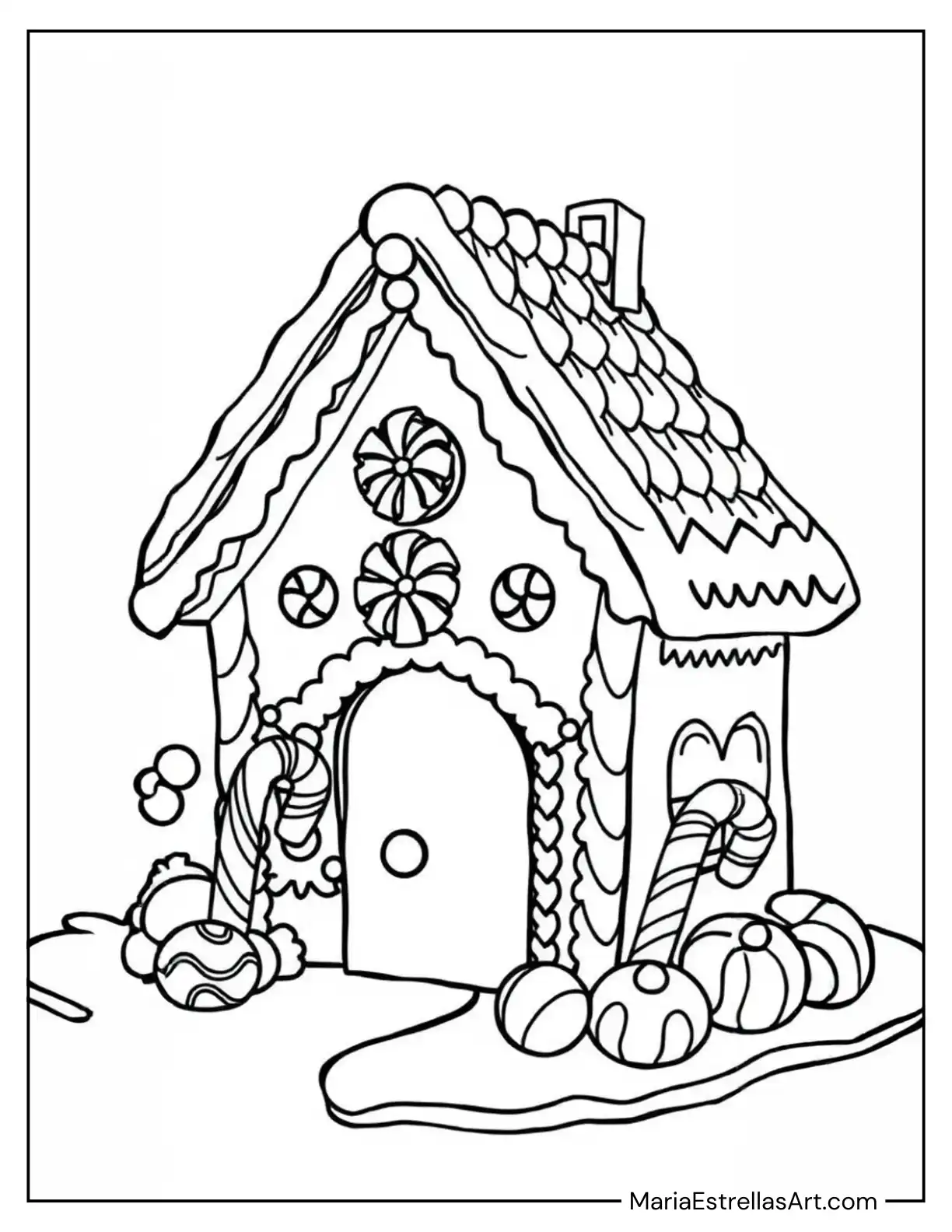 Festive Gingerbread House With Candy Canes and Gumdrops to Color for Kids