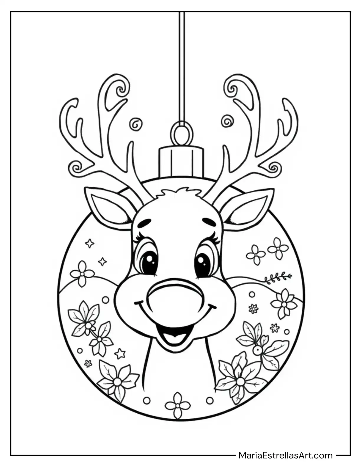 Festive Reindeer Face on a Christmas Bauble Coloring Page