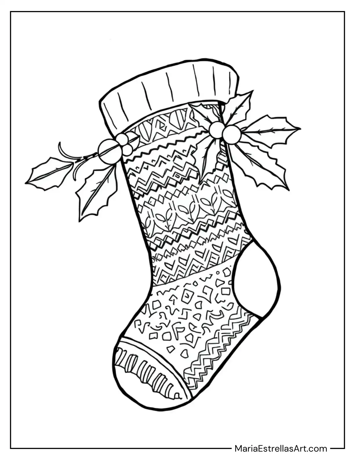 Festive Stocking With Holly Leaves Coloring Page