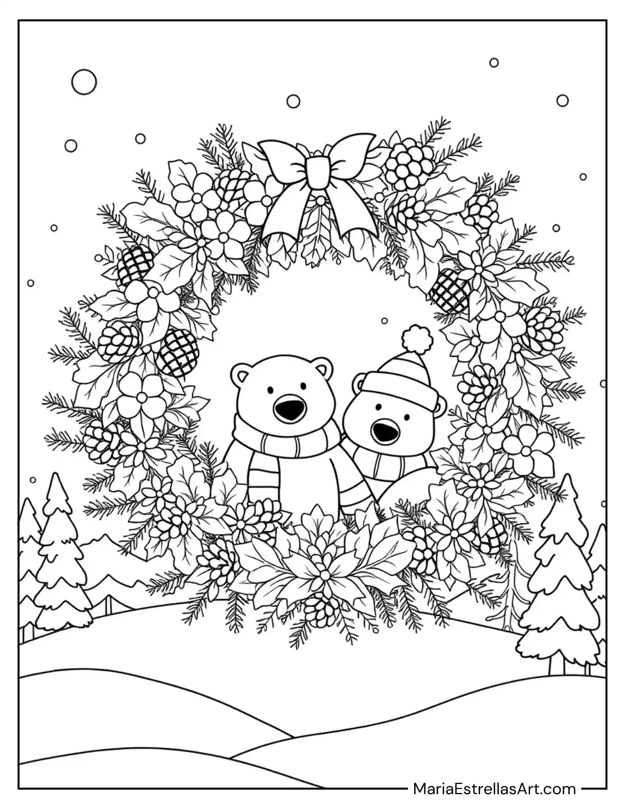 Festive Wreath With Polar Bears and Snowy Trees