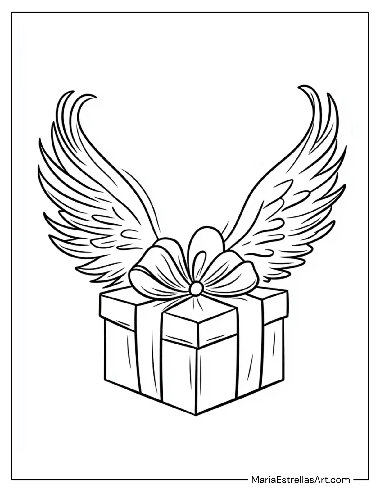 Floating Christmas Present With Wings for Kids to Color