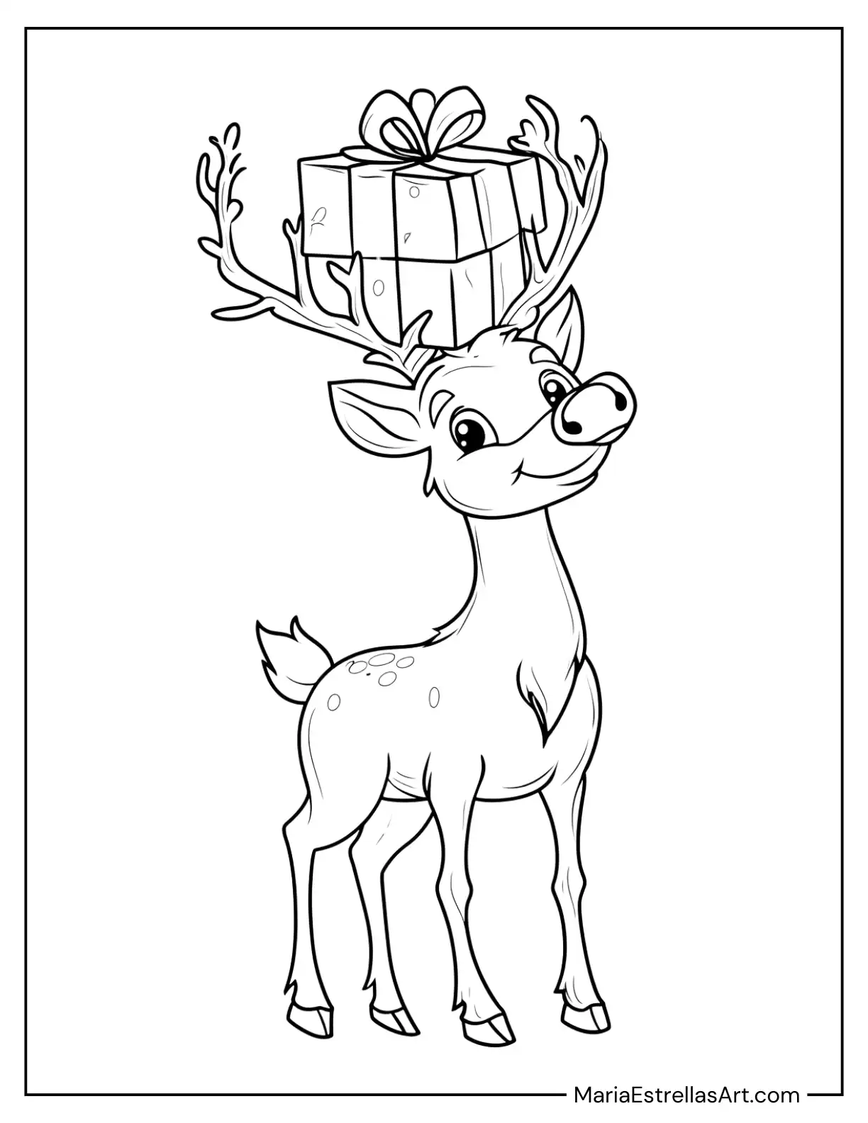 Floating Present Carried by Reindeer to Color for Kids