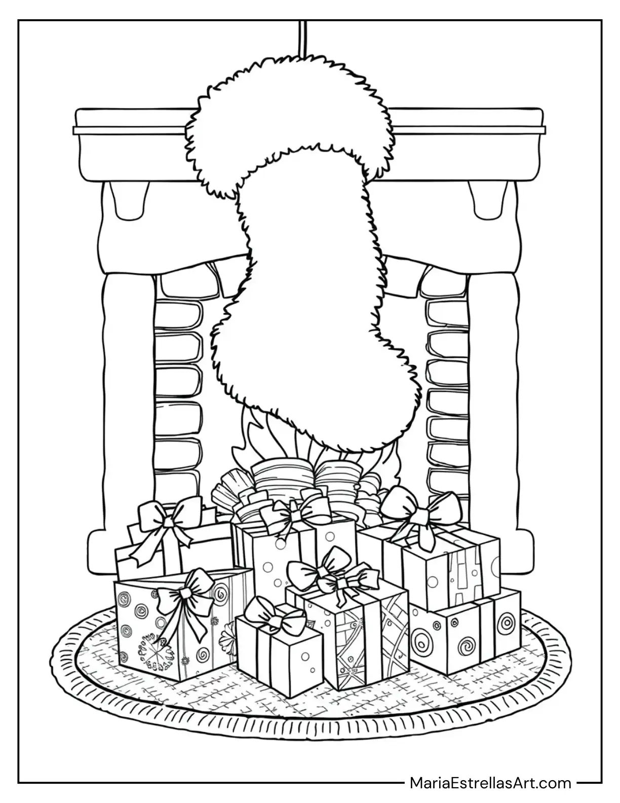 Fluffy Stocking With Gifts Underneath Coloring Sheet