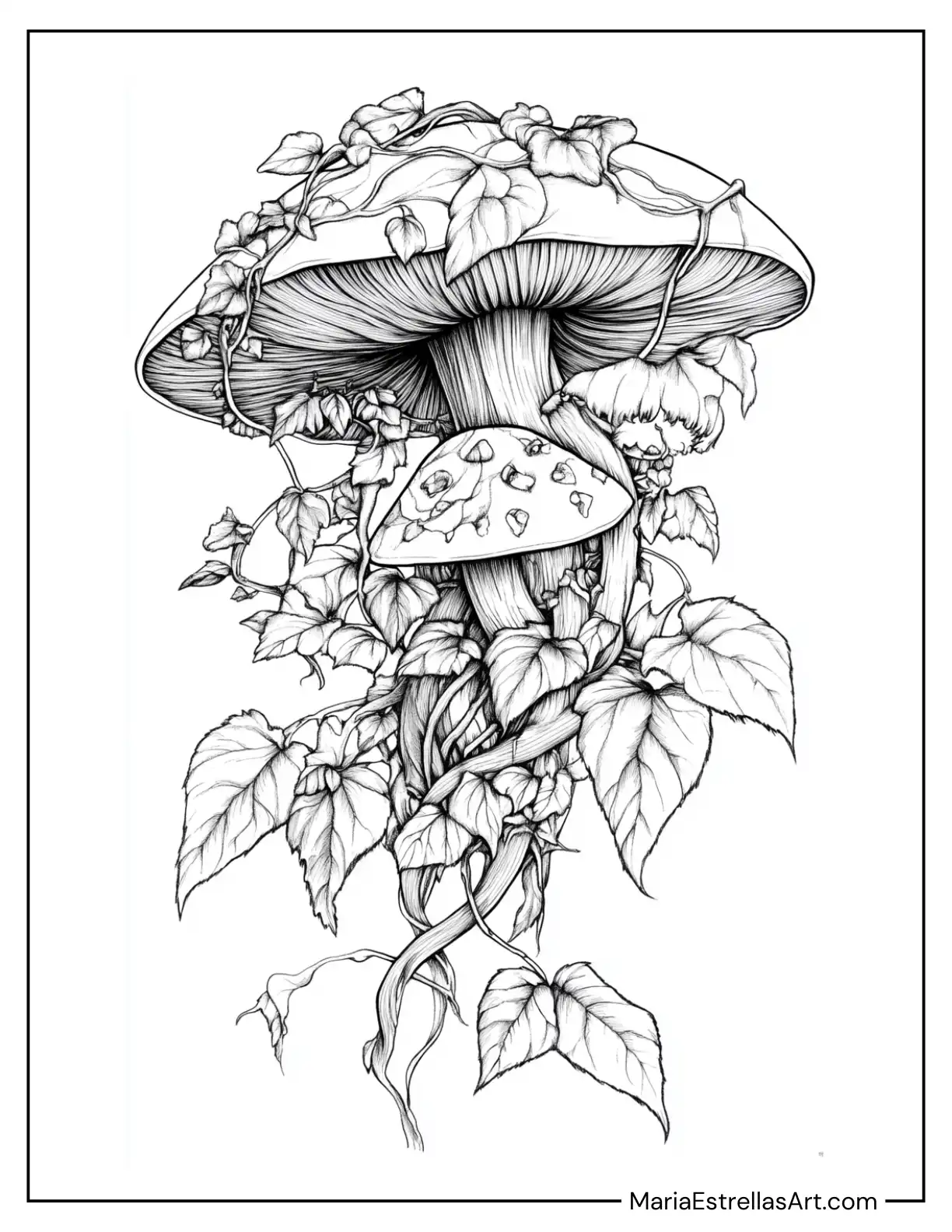 Forest Mushroom Wrapped in Ivy and Vines Coloring Page