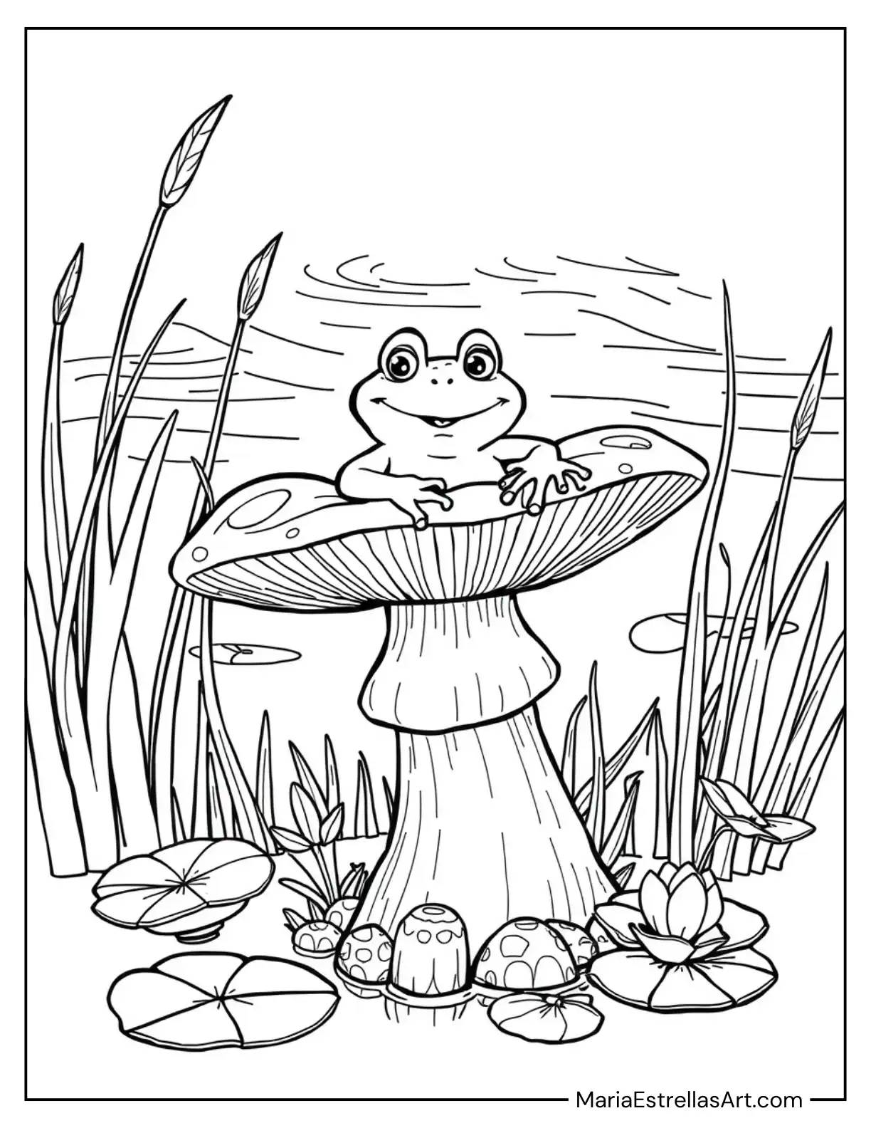 Frog Relaxing on a Giant Mushroom in a Swampy Scene Coloring Page