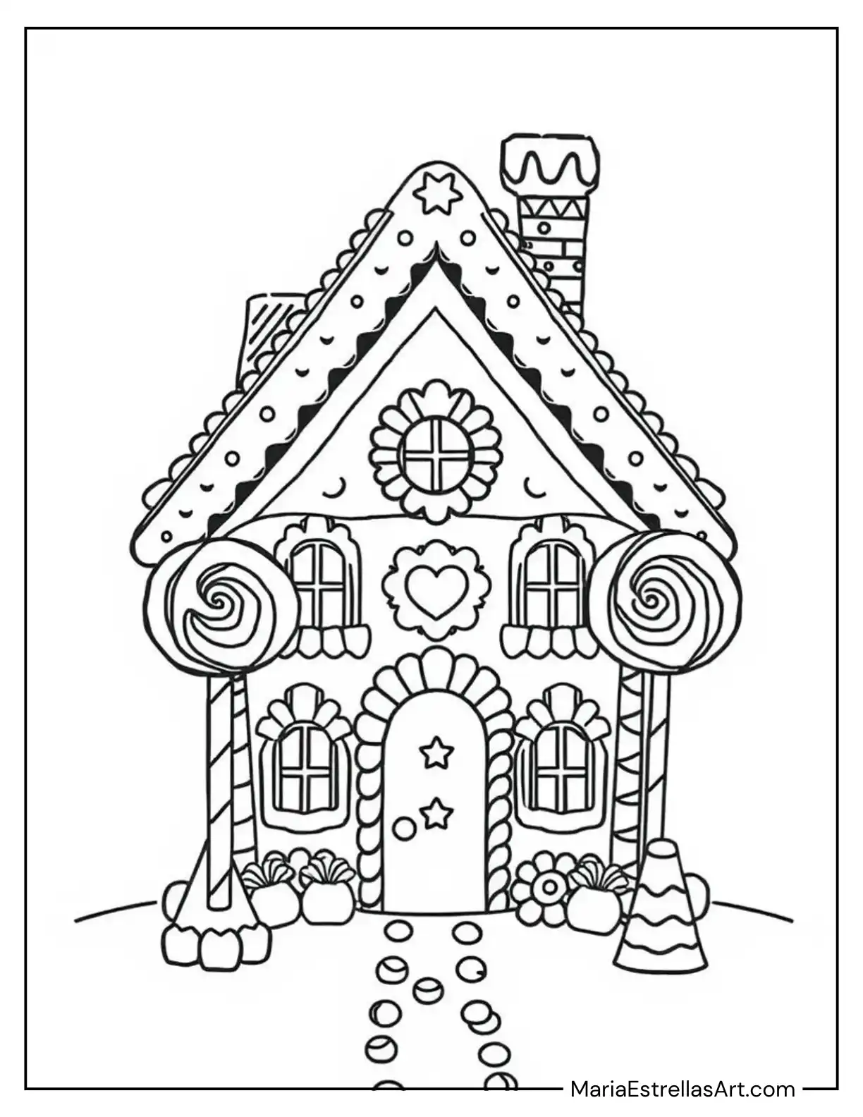 Giant Gingerbread House With Lollipop Trees Coloring Page