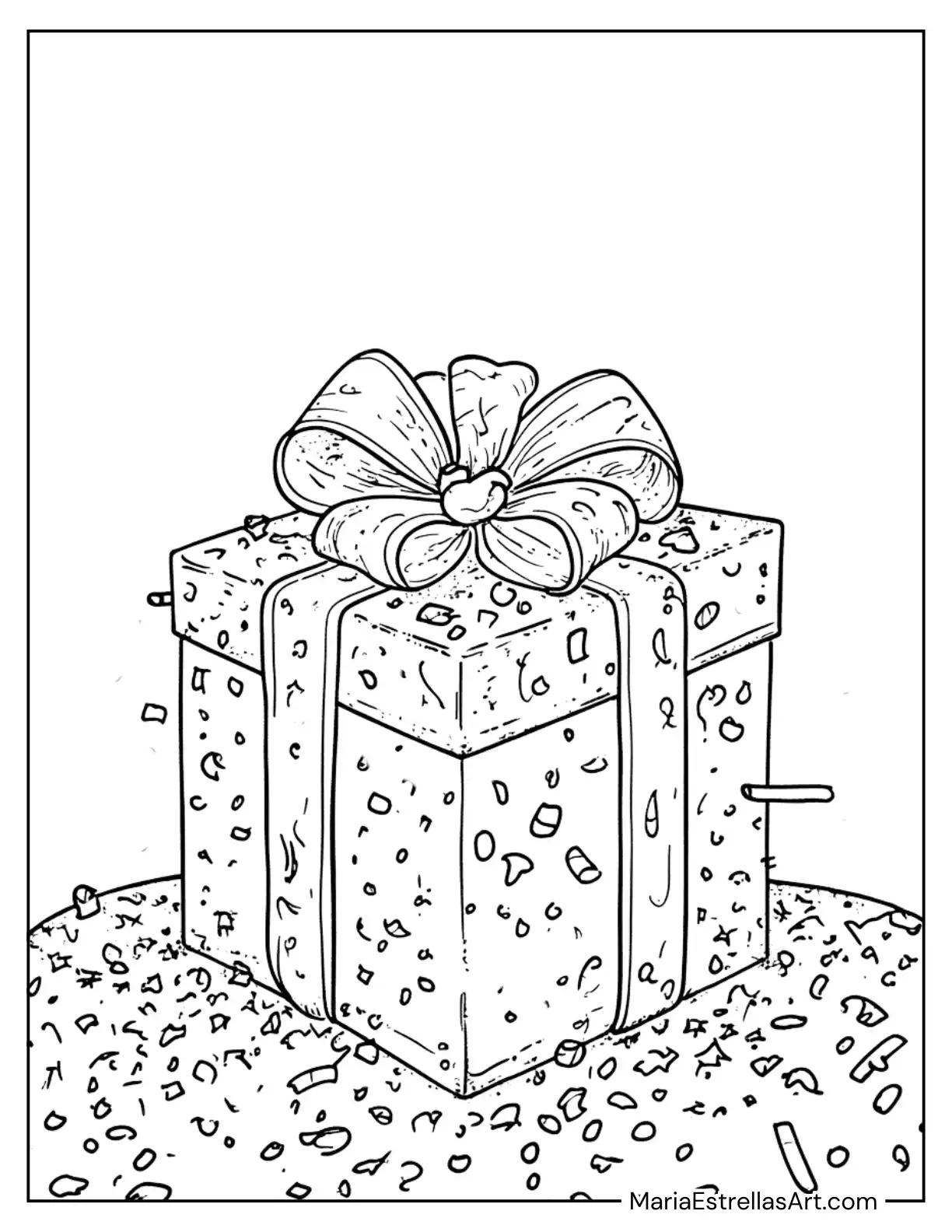 Gift Box Sitting on a Table Covered in Festive Confetti Coloring Page