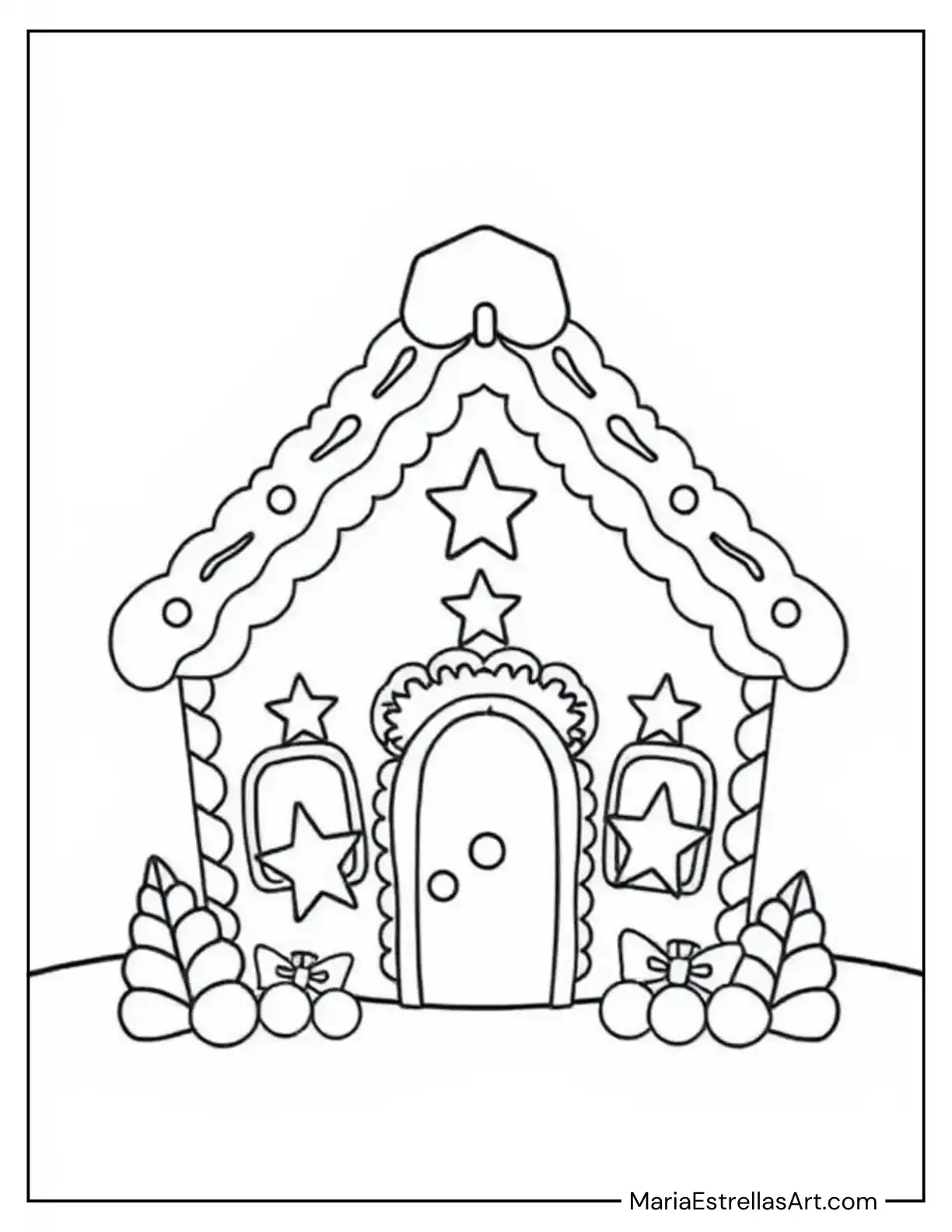 Gingerbread House Decorated With Stars Coloring Sheet