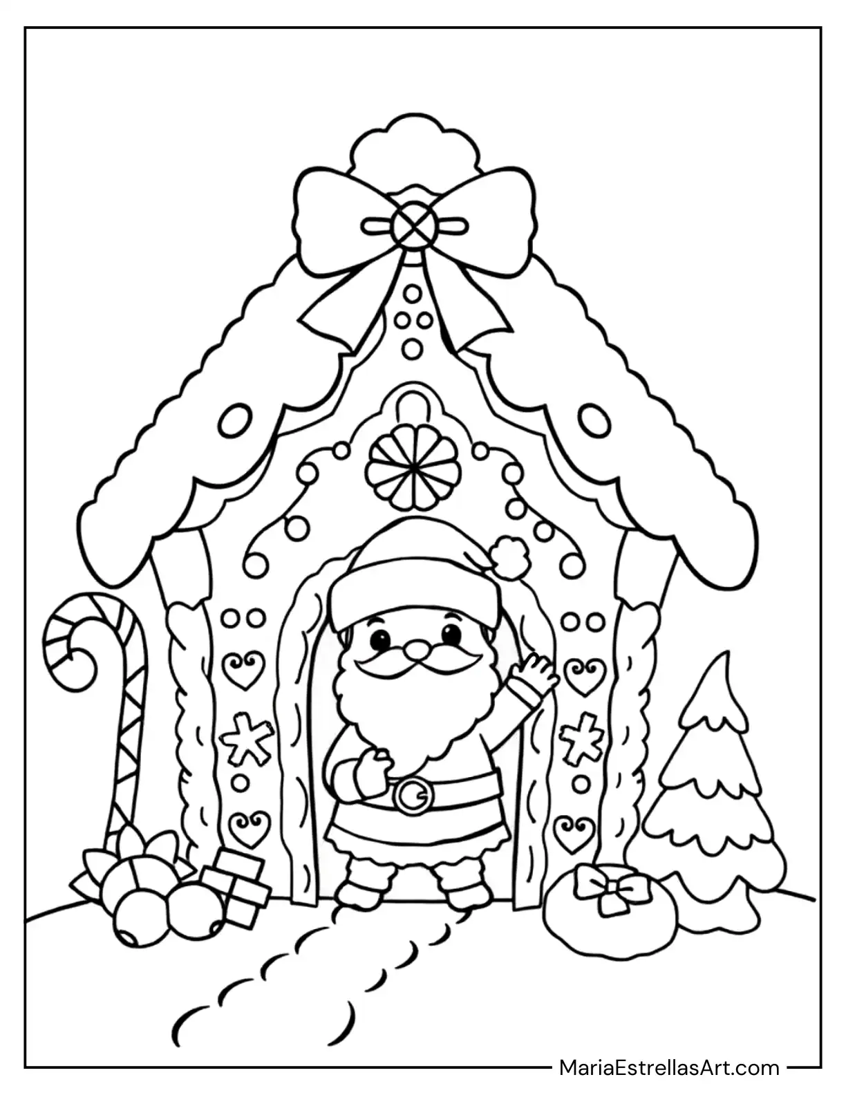 Gingerbread House Featuring a Chibi Santa to Color for Kids