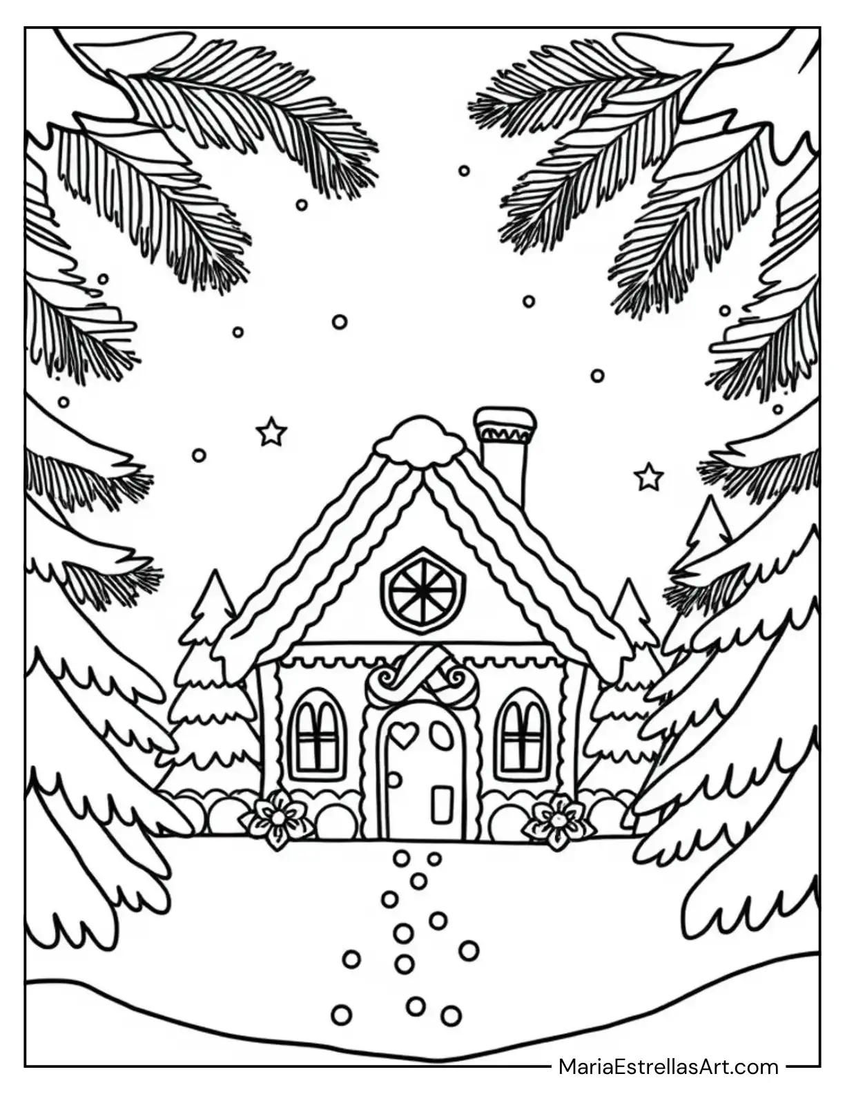 Gingerbread House Framed by Snowy Pines Coloring Sheet