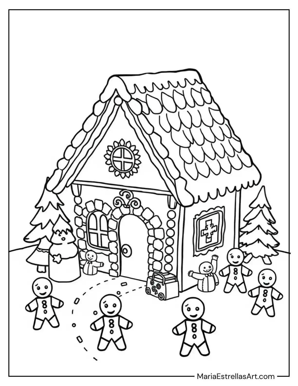 Gingerbread House Surrounded by Tiny Gingerbread People Coloring Page